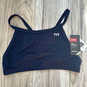 NWT TYR Durafast DBack Women Navy Bikini Swim Top Chlorine Proof UPF 50+ Size M